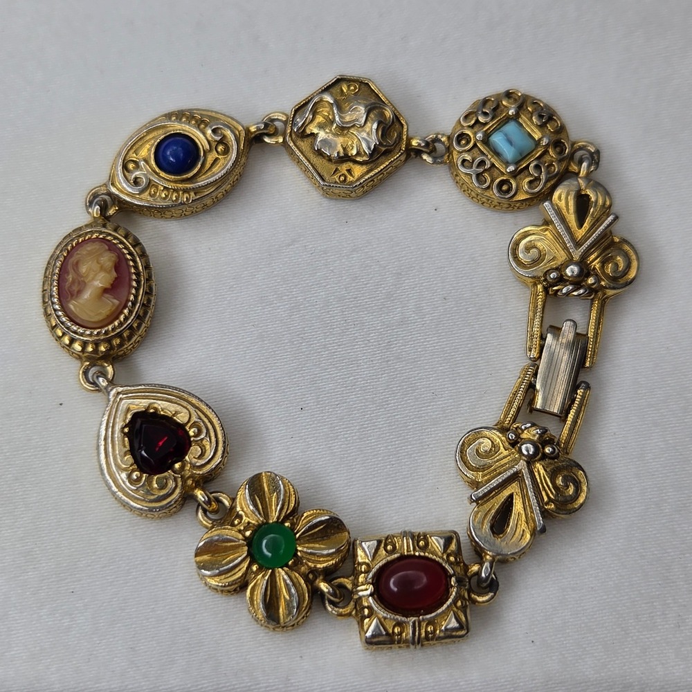 Goldette Vintage Victorian Revival Multi Stone Cameo Gold Tone Bracelet 7.25in